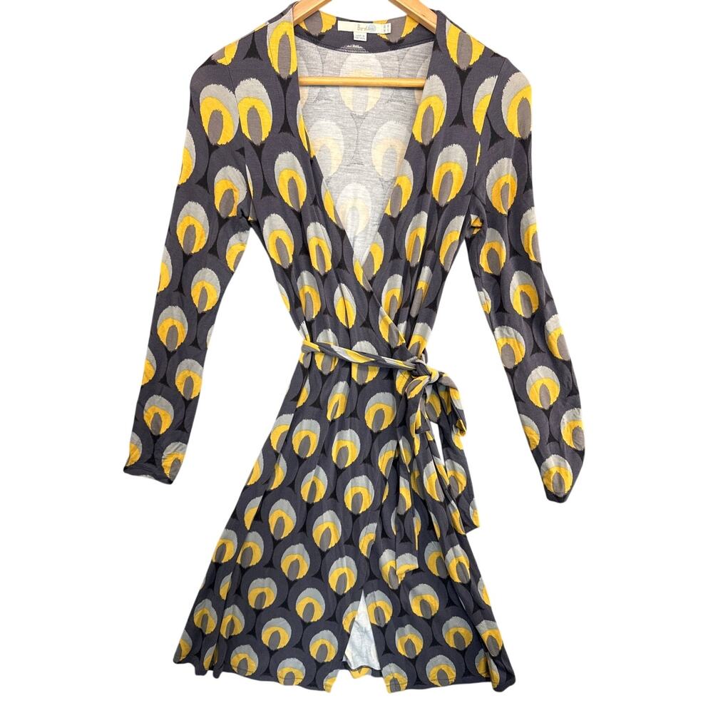 Boden Vibrant Yellow Grey Peacock Pattern Flattering Fit Wrap Dress Women 4